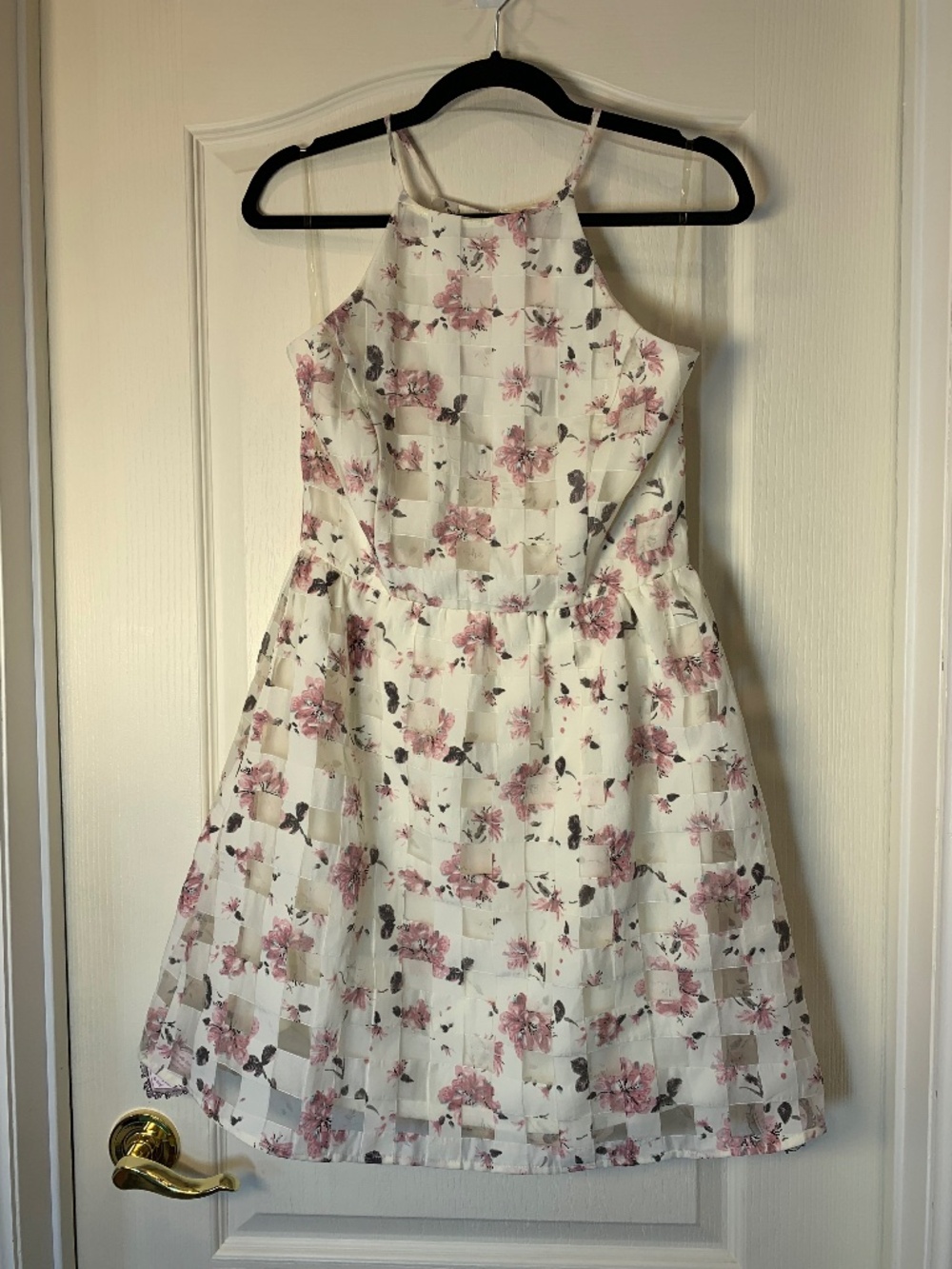 NWT Cream Floral Sheer Checkered Overlay Fit & Flare Mini Dress, M , Party